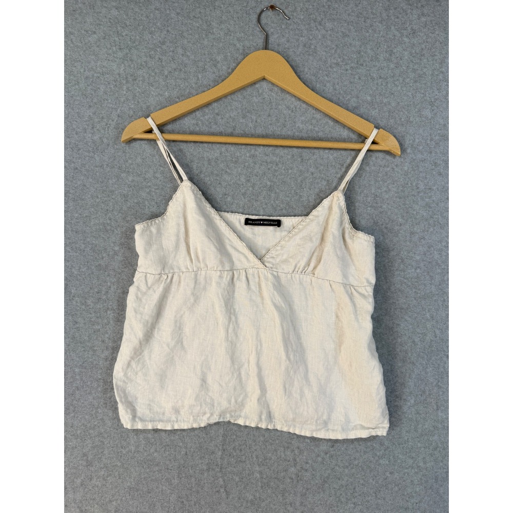 Brandy Melville OS Cami Top Cottagecore 100% Linen Back Tie Lace Trim Cream